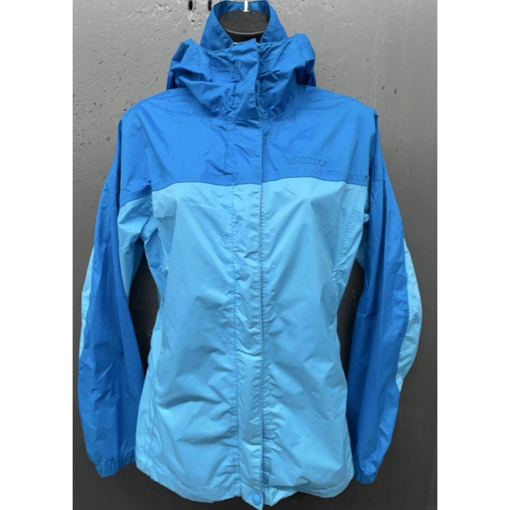 Marmot Jacket Women M Blue Full Zip Windbreaker Pockets Hood Hike Outdoor Gorp